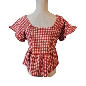 Madewell Gingham Knit Ruffle-Hem Top Short Sleeve Red/White Fresh Chili NWT S